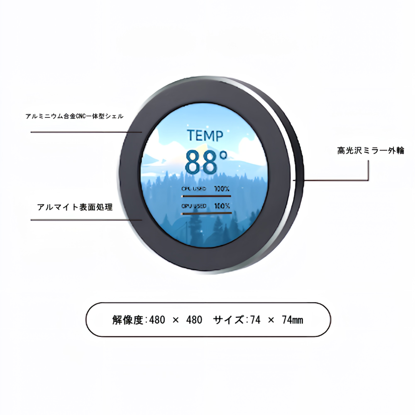 2.1インチ 水冷サブスクリーン ips円形スクリーン 内蔵スクリーン 360度回転 ウォールペーパー (ブラック)