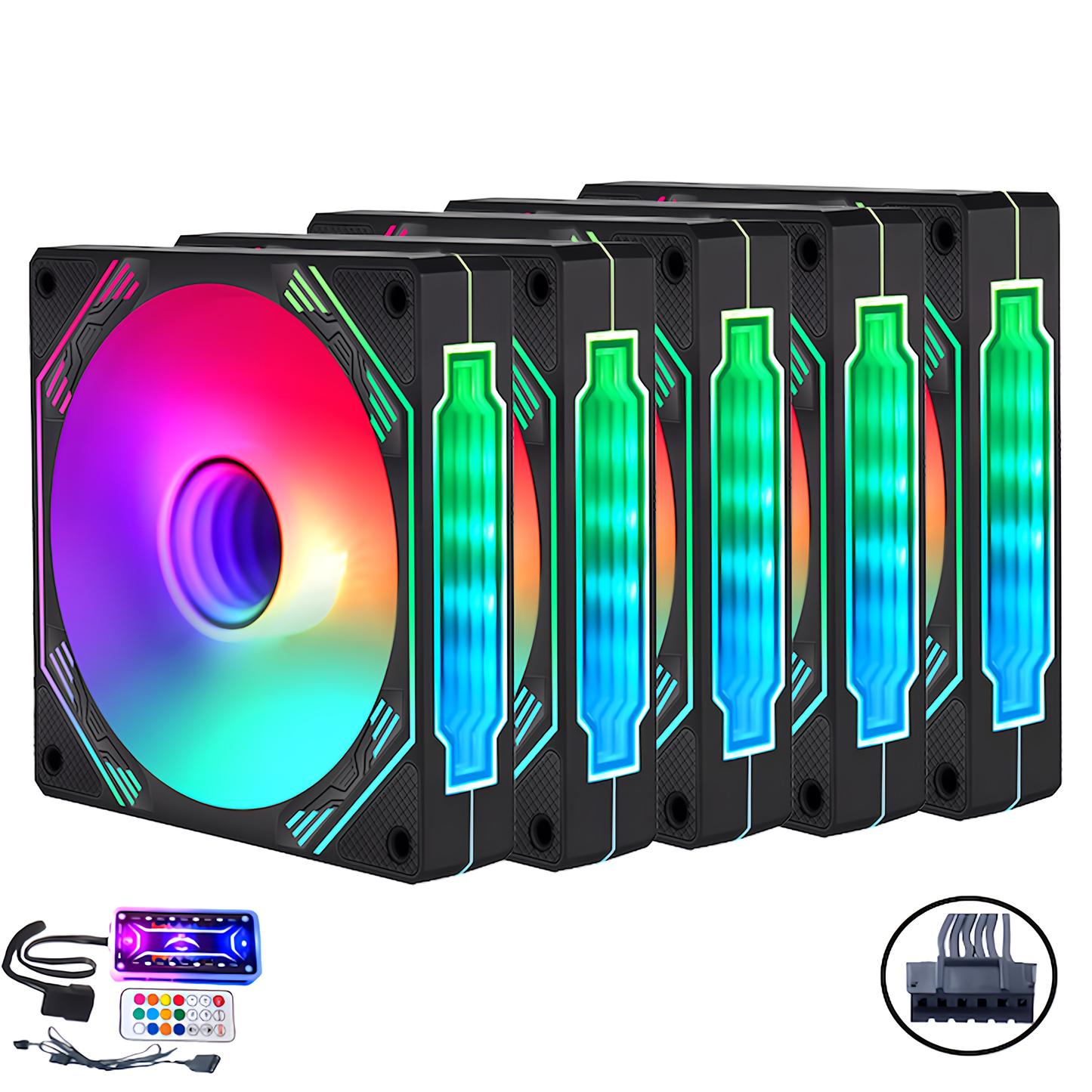 インフィニティ―ミラー PCケースファン5枚セット 120mm LED ARGB 6pin ハブ コントローラー付き リモコン 色変更可能 ファン回転速度変更可能 ペリフェラル電源 (コントローラー+5枚セット) ブラック