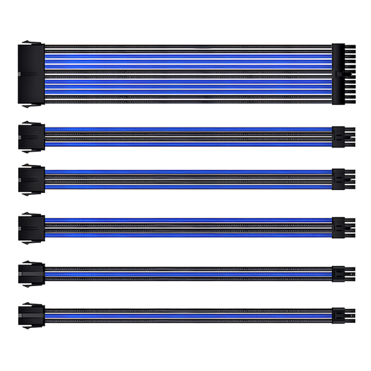 2色スリーブケーブル 延長ケーブル 30cm 24pin 8pin(6+2pin×2、4+4pin×1) 6pin×2 マザーボード グラフィックボード 電源ユニット ケーブルコーム付き(ブラック/ブルー)