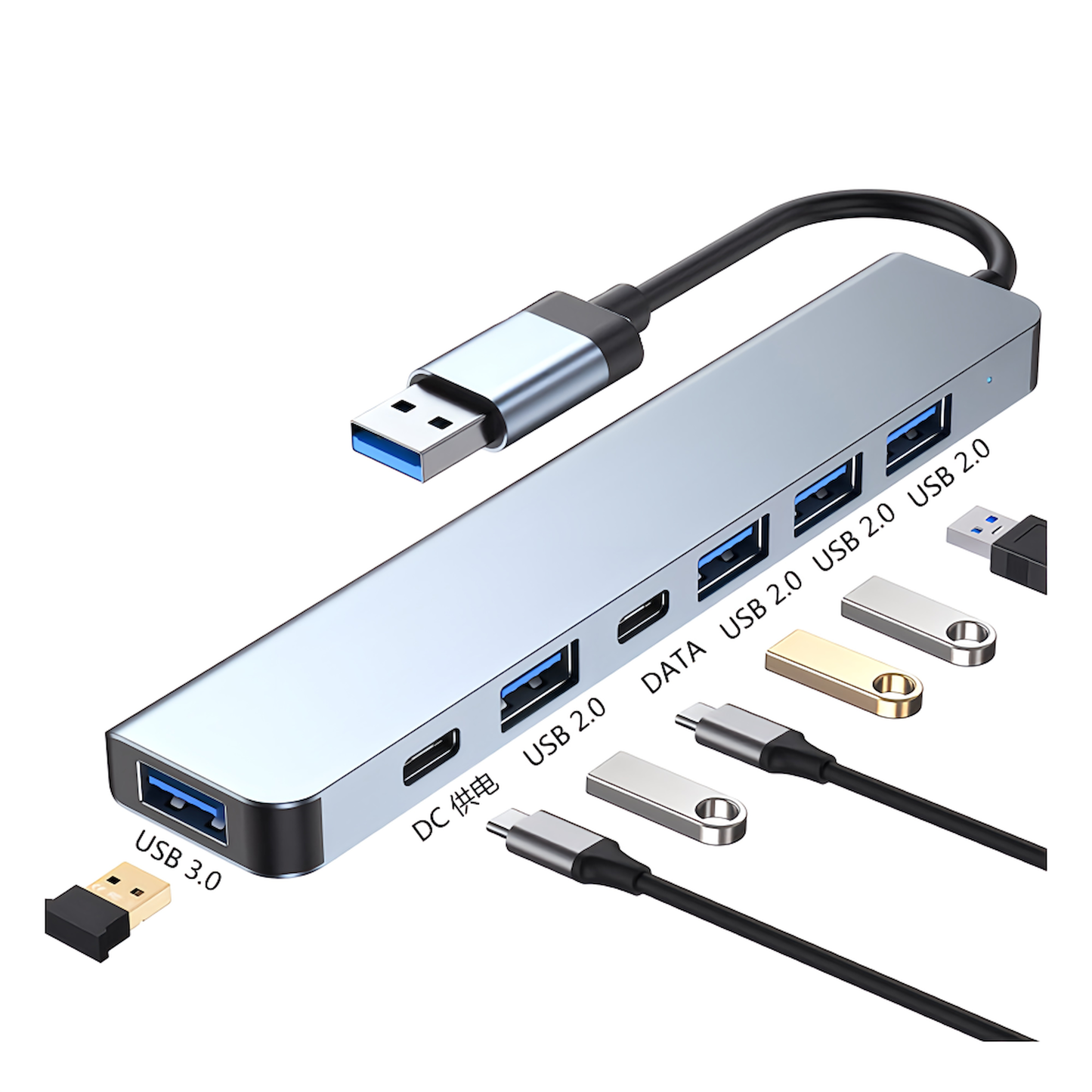 Type-C USB Hub 7 Port USB Type C Adapter USB 3.0 x 1/USB 2.0 x 4/Type-C x 2/PD Fast Charging Port 7in1 Conversion Adapter Type C Compatible with Macbook Pro/Mac Air/ChromeBook/Surface laptop/Android
