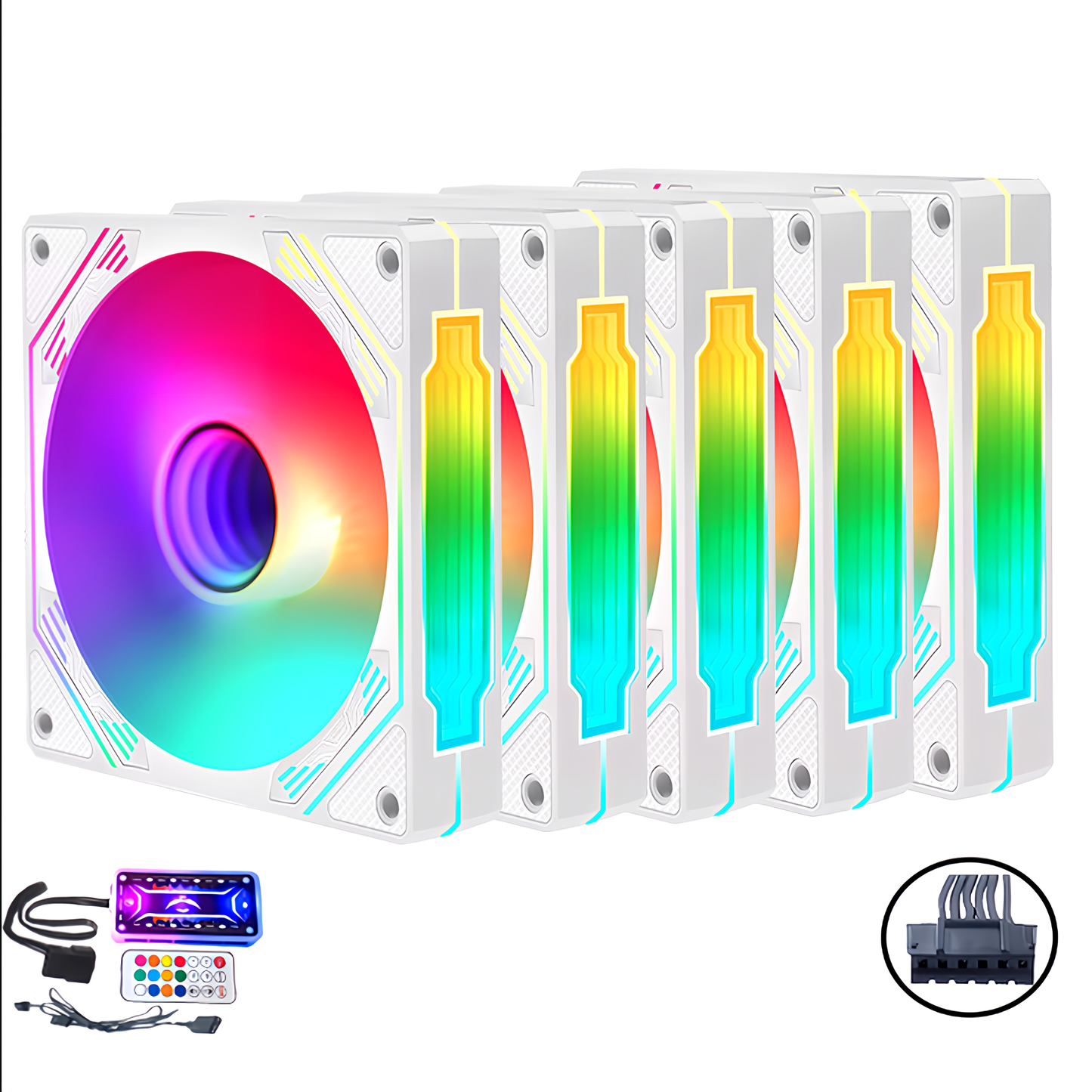 インフィニティ―ミラー PCケースファン5枚セット 120mm LED ARGB 6pin ハブ コントローラー付き リモコン 色変更可能 ファン回転速度変更可能 ペリフェラル電源 (コントローラー+5枚セット)ホワイト