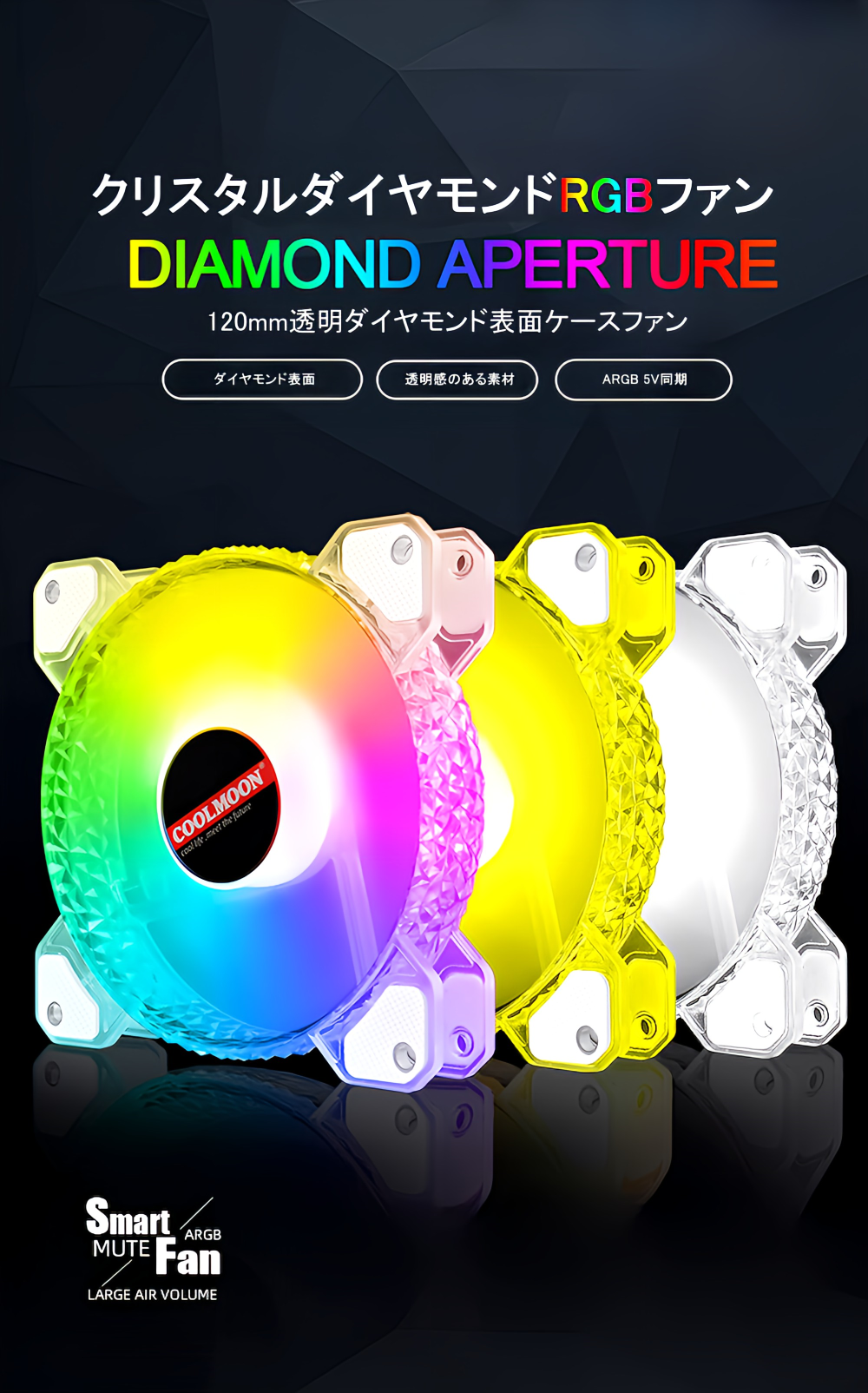 COOLMOON クリスタル PCケースファン5枚セット 120mm LED ARGB 6pin ファンハブ コントローラー付き リモコン 色変更可能 ファン回転速度変更可能