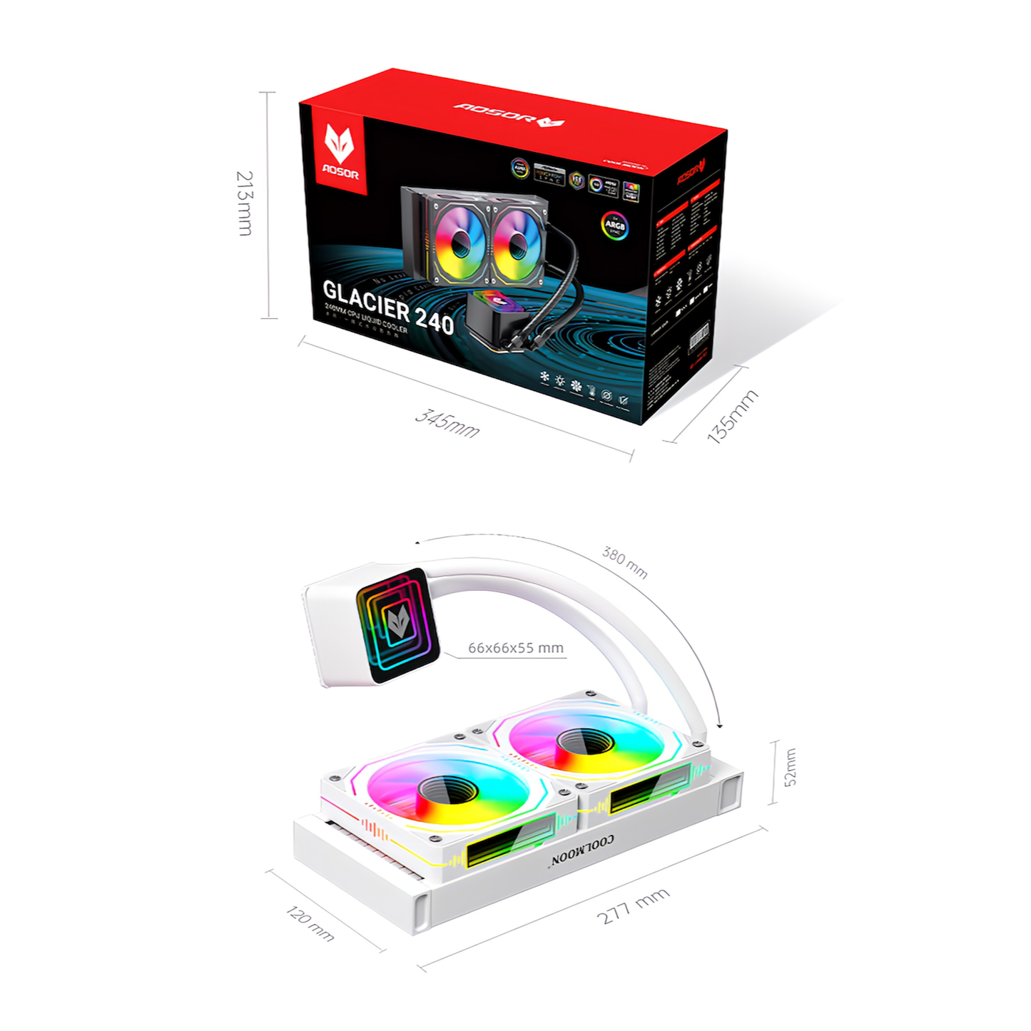 COOLMOON AOSOR 簡易水冷クーラー 240mm インフィニティ―ミラー CPUクーラー LED ARGB 5v 3pin LGA1700/1200/115X AMD:AM5/AM4ソケットに対応 4pin PWM ファン制御