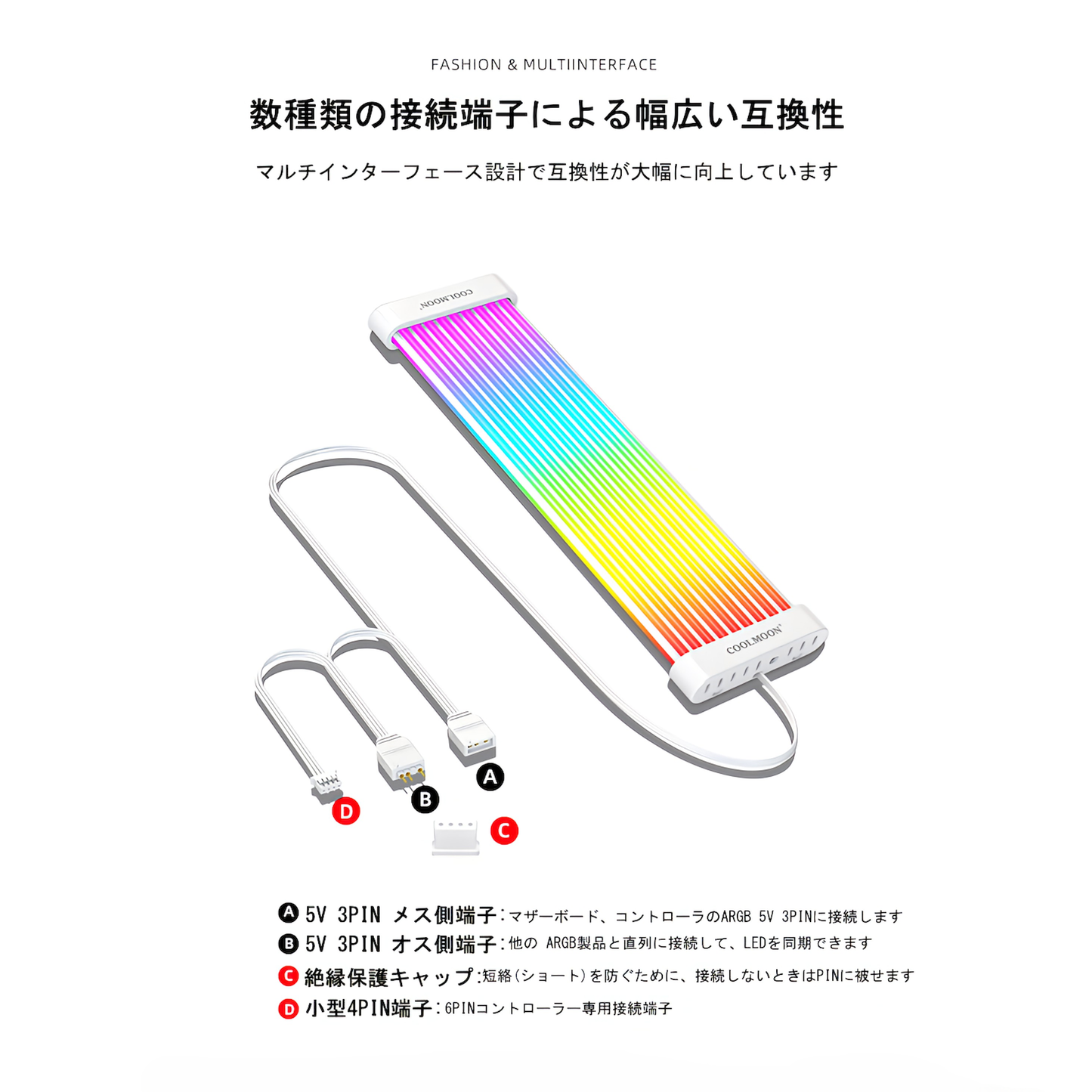 COOLMOON LED スリーブケーブル ARGB 5v 3pin 延長ケーブル 30cm 電源ユニット ゲーミングPC グラフィックボード ケーブル 黒 黒色 ブラック(24pin)