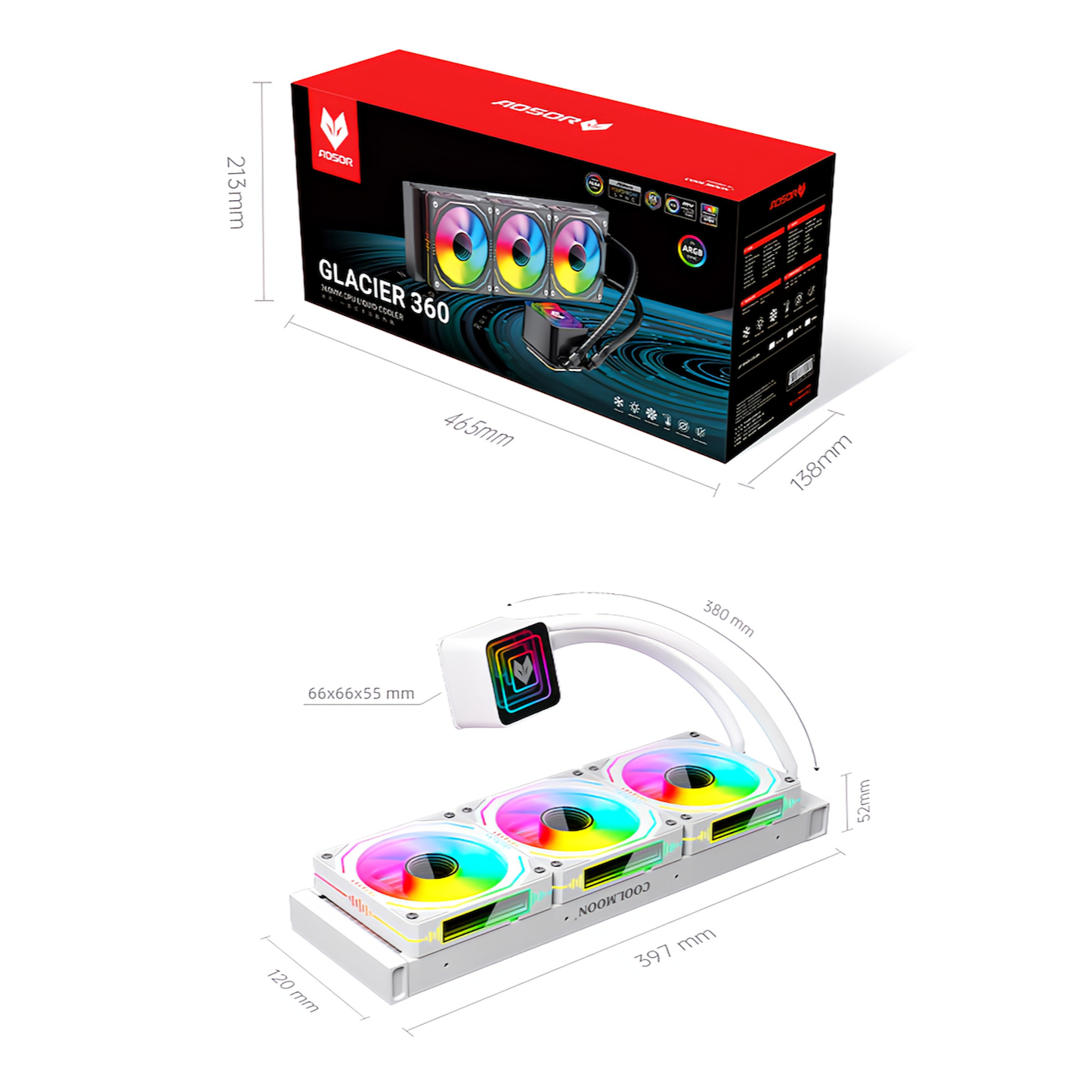 COOLMOON AOSOR 簡易水冷クーラー 360mm インフィニティ―ミラー CPUクーラー LED ARGB 5v 3pin LGA1700/1200/115X AMD:AM5/AM4ソケットに対応 4pin PWM ファン制御 (ブラック)