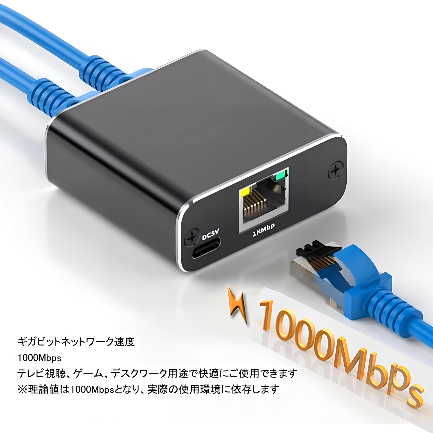 LANケーブル 2分岐アダプター スイッチングハブ 1000Mbps対応 RJ45ポート搭載 USB電源式 コンパクト設計 持