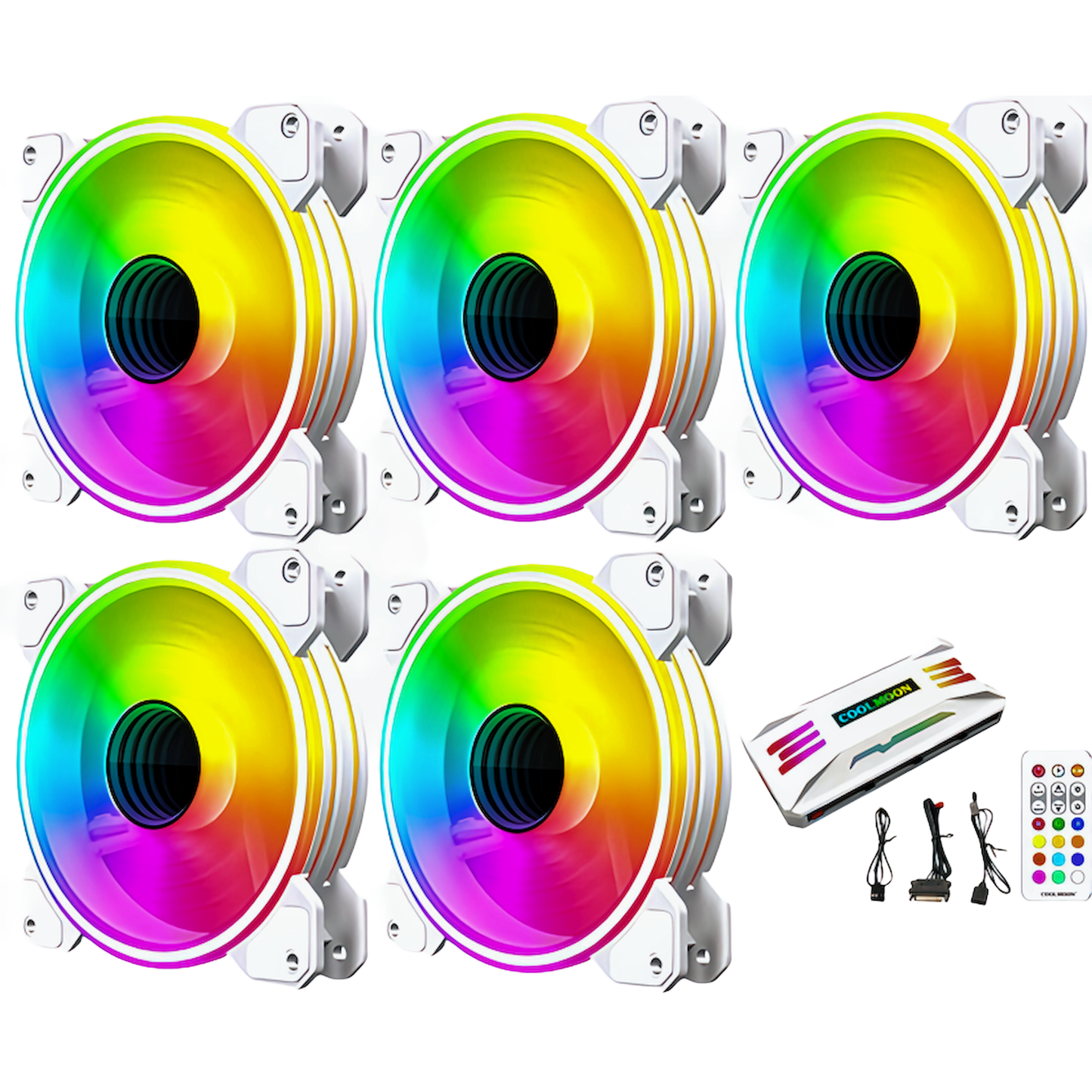 COOLMOON PCケースファン5枚セット 120mm 4pin PWM LED ARGB 5v 3pin ファンハブ コントローラー付き リモコン 色変更可能 ファン回転速度変更可能 インフィニティ―ミラー (ファンコントローラー+ファン5枚セット)