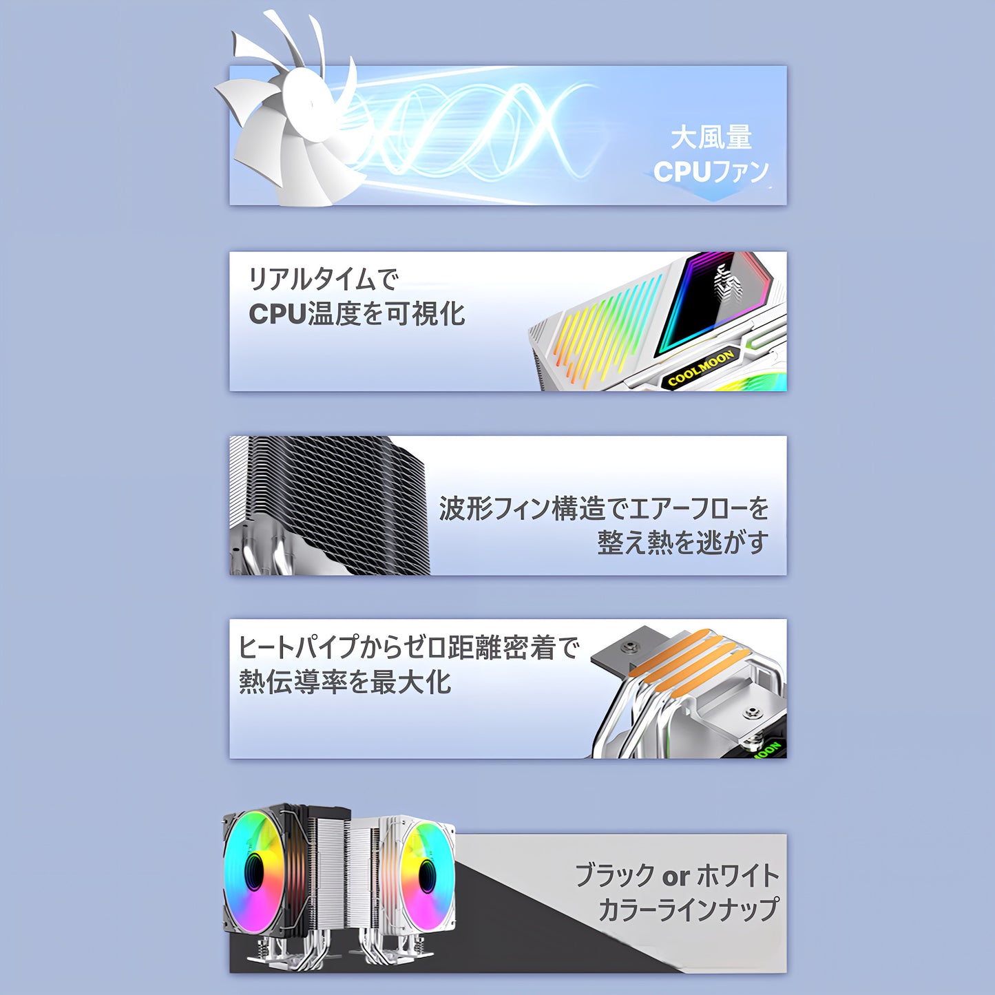 COOLMOON GT400 温度表示 ディスプレイ CPUクーラーサイドフロー空冷クーラー 120mm LED ARGB 5v 3pin LGA1851/1700/1200/115X AMD:AM5/AM4ソケットに対応 4pin PWM ファン制御 (ホワイト)