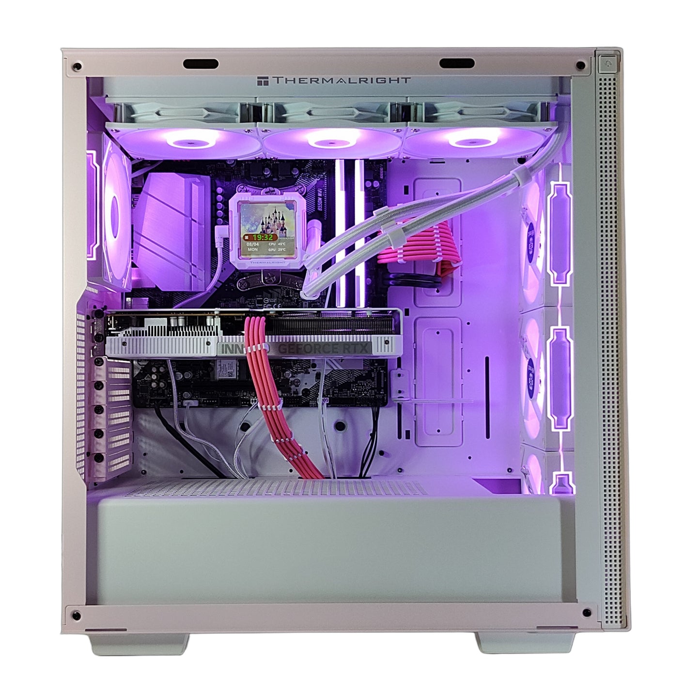 AMD Ryzen7 5700x ／ RTX5060 8GB ディスプレイ搭載 LEDゲーミングPC  簡易水冷 360mm ホワイト ピンク