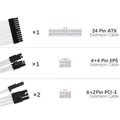 2-color sleeved cable extension cable 30cm 24pin 8pin (6+2pin x 2, 4+4pin x 1) 6pin x 2 Motherboard Graphics board Power supply unit Cable comb included