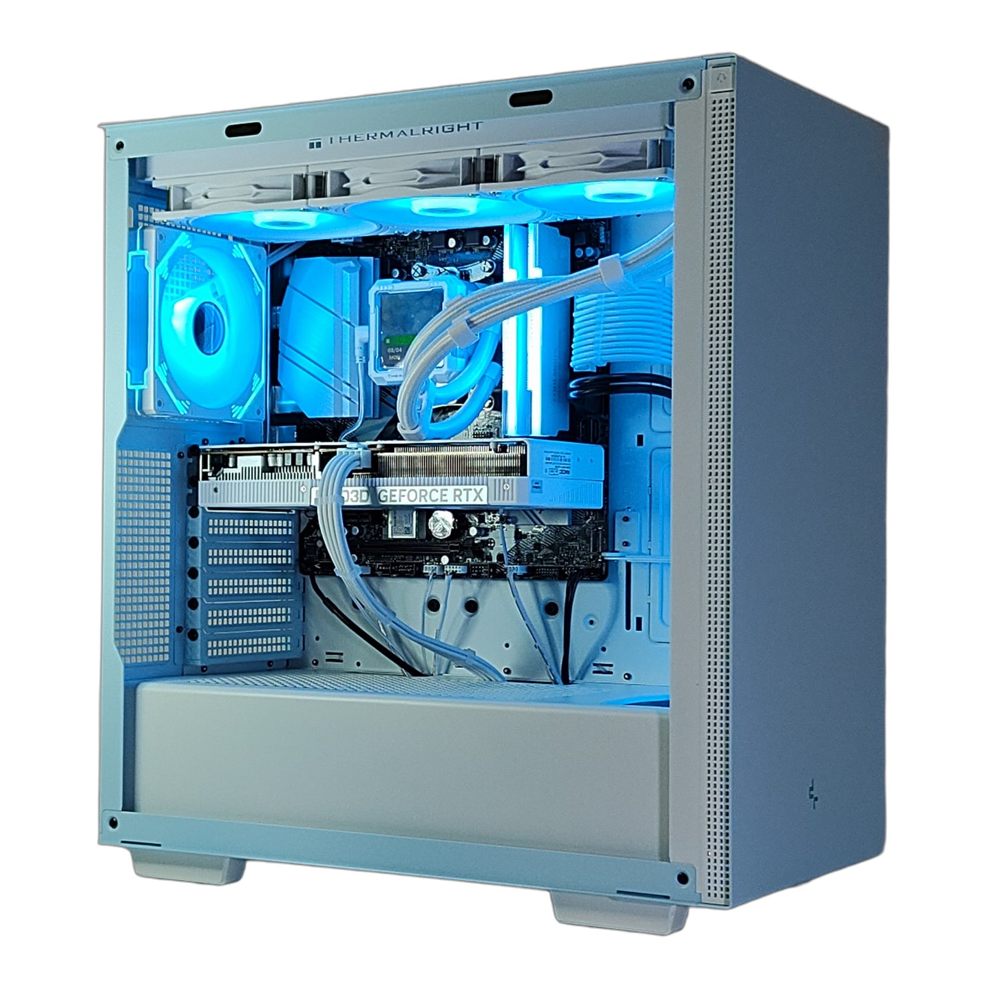 AMD Ryzen7 5700x ／ RTX5060ti 8GB ディスプレイ搭載 LEDゲーミングPC  簡易水冷 360mm ホワイト ブルー 水色