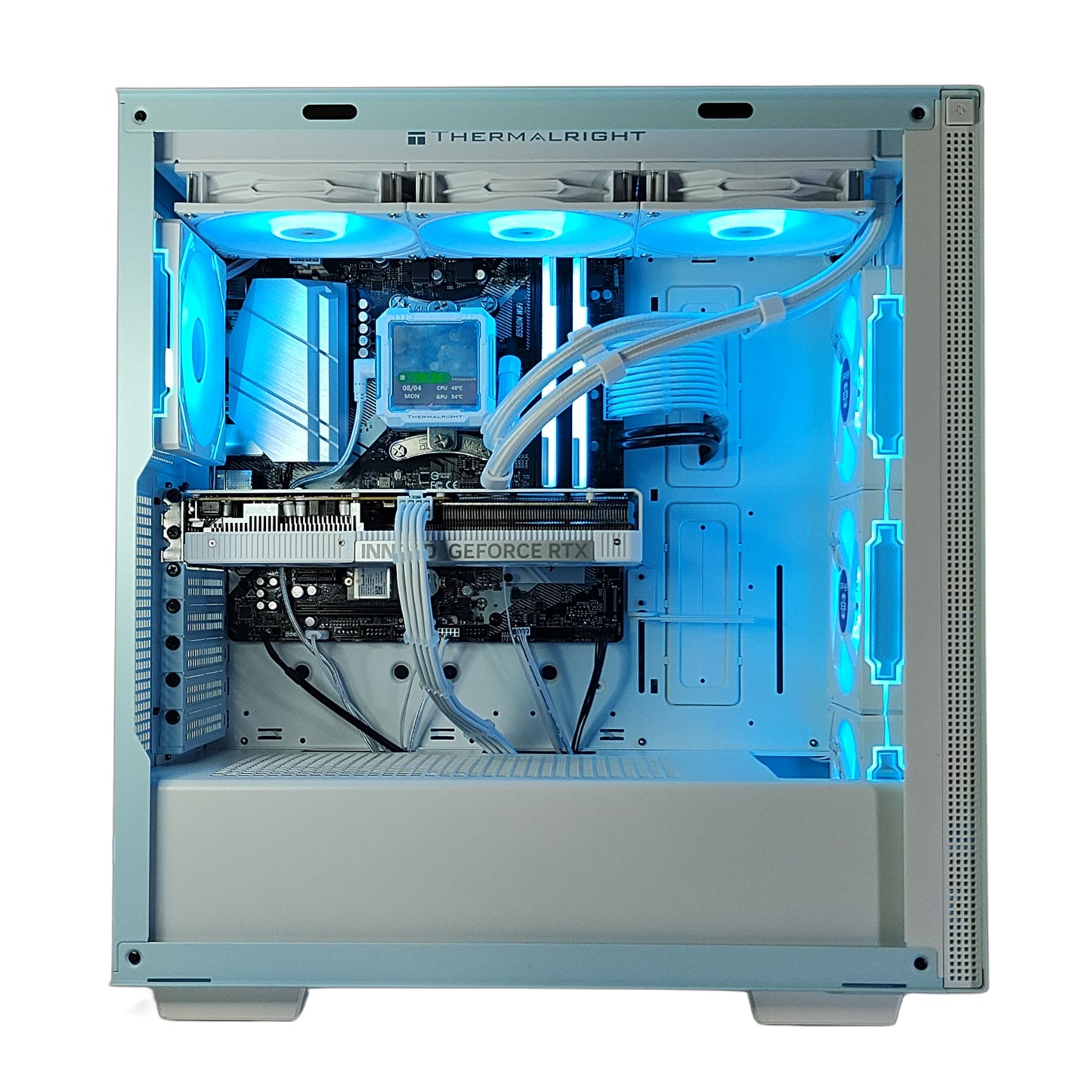 AMD Ryzen7 5700x ／ RTX5060ti 8GB ディスプレイ搭載 LEDゲーミングPC  簡易水冷 360mm ホワイト ブルー 水色