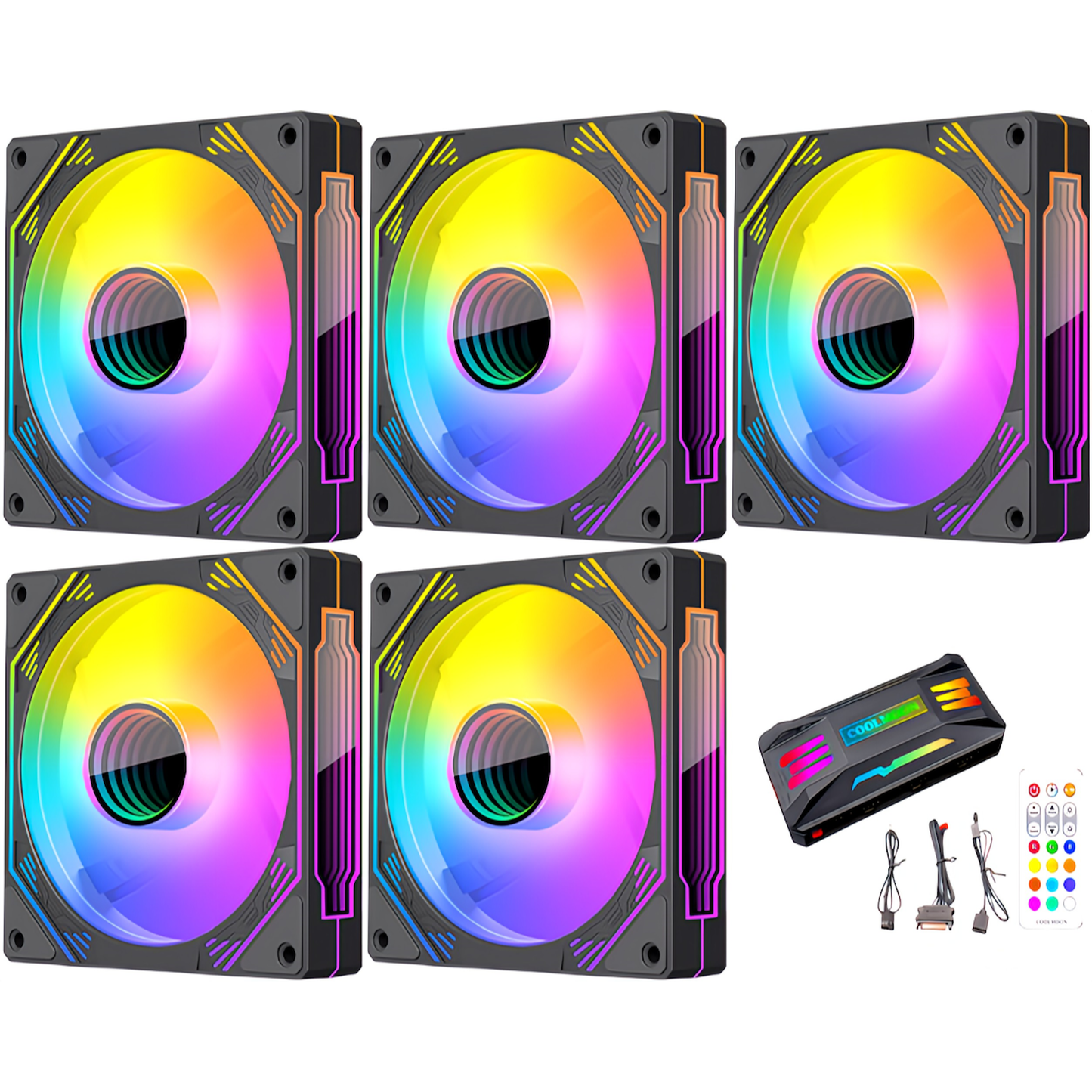COOLMOON HiFrost PC Case Fan Set of 5 120mm 4pin PWM LED ARGB 5v 3pin Fan Hub with Controller Remote Control Color Changeable Fan Speed ​​Changeable Infinity Mirror (Set of 5 Fans + Fan Controller)