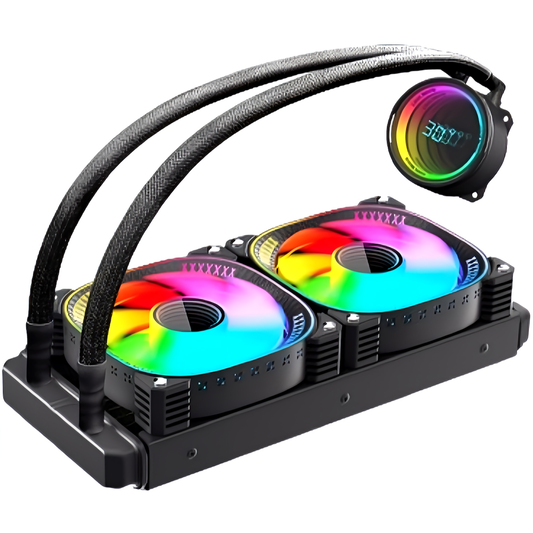 COOLMOON Simple Water Cooling Cooler 240mm Infinity Mirror CPU Cooler with Temperature Display Function LED ARGB 5v 3pin LGA1700/1200/115X Compatible with AMD:AM4 Socket 4pin PWM Fan Control