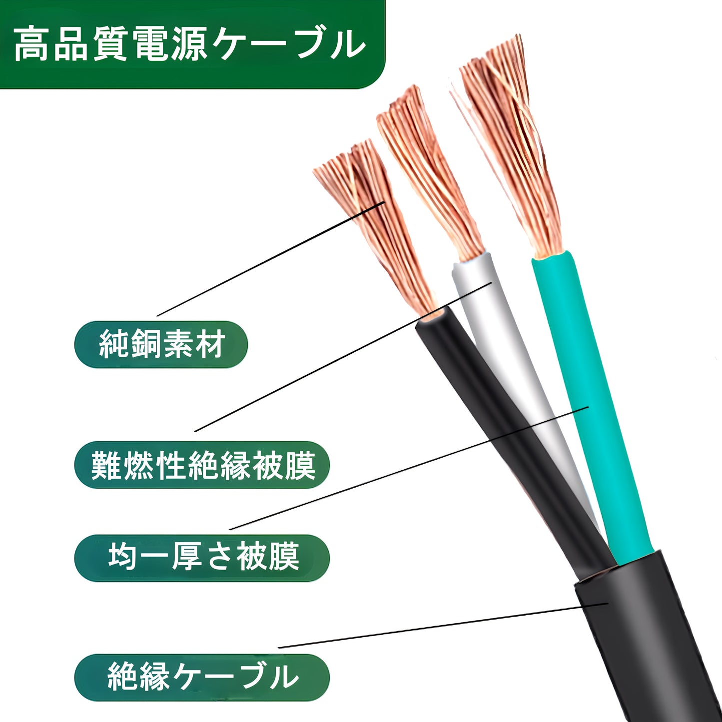 AC電源ケーブル 1.5m 3ピンソケット(メス)⇔2ピンプラグ(オス) PSE認証・アース線付き 最大1200W 12A デスクトップパソコン モニター ディスプレイ プリンター ACアダプター対応
