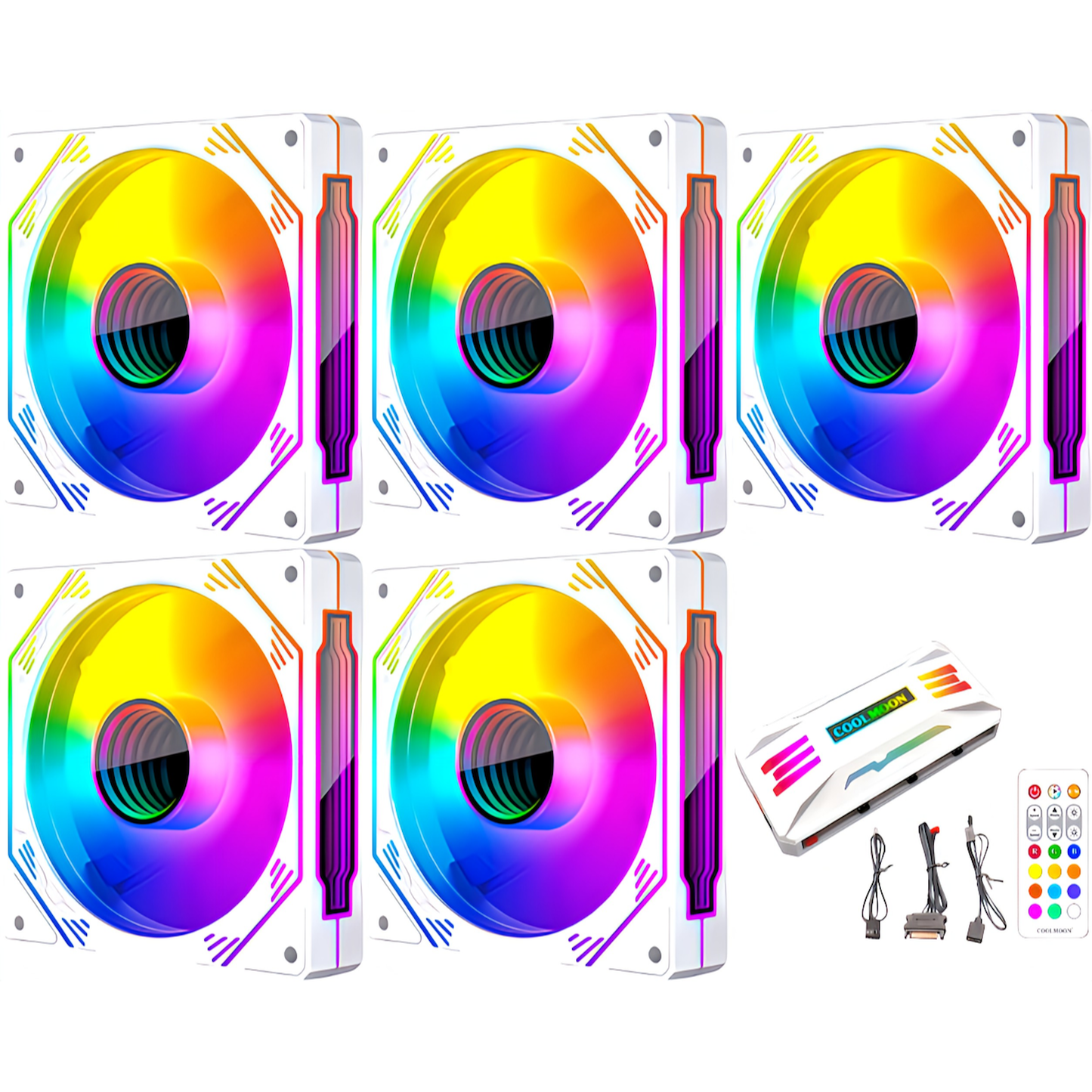 COOLMOON HiFrost PC Case Fan Set of 5 120mm 4pin PWM LED ARGB 5v 3pin Fan Hub with Controller Remote Control Color Changeable Fan Speed ​​Changeable Infinity Mirror (Set of 5 Fans + Fan Controller)