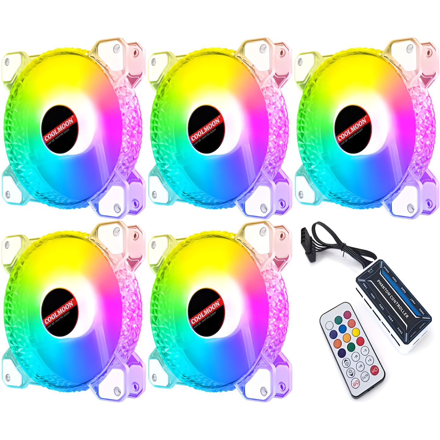 COOLMOON Crystal PC Case Fan Set of 5 120mm LED ARGB 6pin Fan Hub with Controller Remote Control Changeable Colors and Fan Speeds