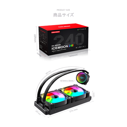 COOLMOON 简易水冷器 240mm 带温度显示功能 无边镜面 CPU 冷却器 LED ARGB 5v 3pin 兼容 LGA1700/1200/115X AMD:AM4 插座 4pin PWM 风扇控制
