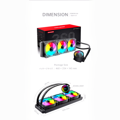 COOLMOON 简易水冷器 360mm 带温度显示功能无限镜面 CPU 冷却器 LED ARGB 5v 3pin 兼容 LGA1700/1200/115X AMD:AM4 插座 4pin PWM 风扇控制
