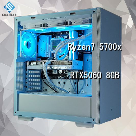 AMD Ryzen7 5700x ／ RTX5060 8GB ディスプレイ搭載 LEDゲーミングPC  簡易水冷 360mm ホワイト ブルー 水色
