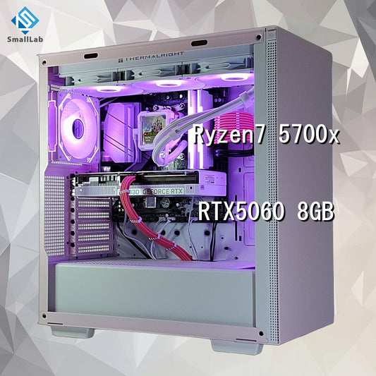 AMD Ryzen7 5700x ／ RTX5060 8GB ディスプレイ搭載 LEDゲーミングPC  簡易水冷 360mm ホワイト ピンク