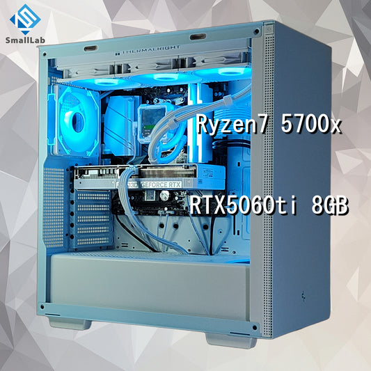 AMD Ryzen7 5700x ／ RTX5060ti 8GB ディスプレイ搭載 LEDゲーミングPC  簡易水冷 360mm ホワイト ブルー 水色