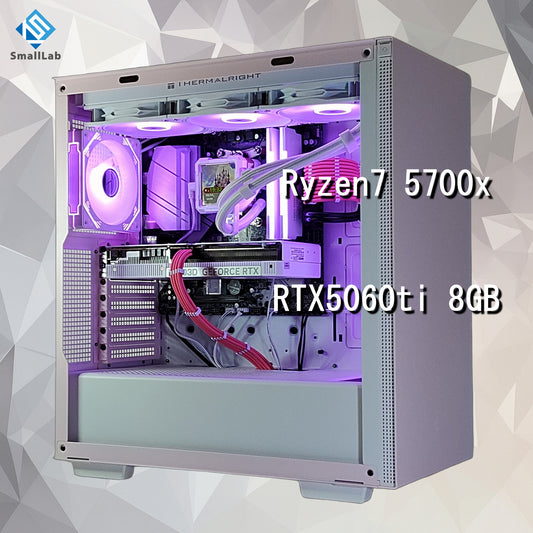 AMD Ryzen7 5700x ／ RTX5060ti 8GB ディスプレイ搭載 LEDゲーミングPC  簡易水冷 360mm ホワイト ピンク